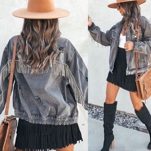 Pocketed oversized distressed rhinestone denim jacket